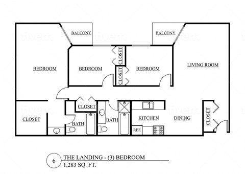 Floor plan for 3 beds, 2 baths, 1283 sqft